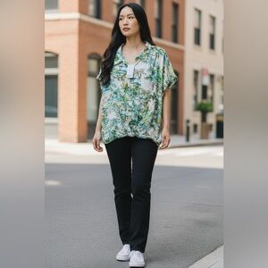 Rose Olive Floral Green Resortwear Festival Cap Sleeve Blouse Top 1X Button New